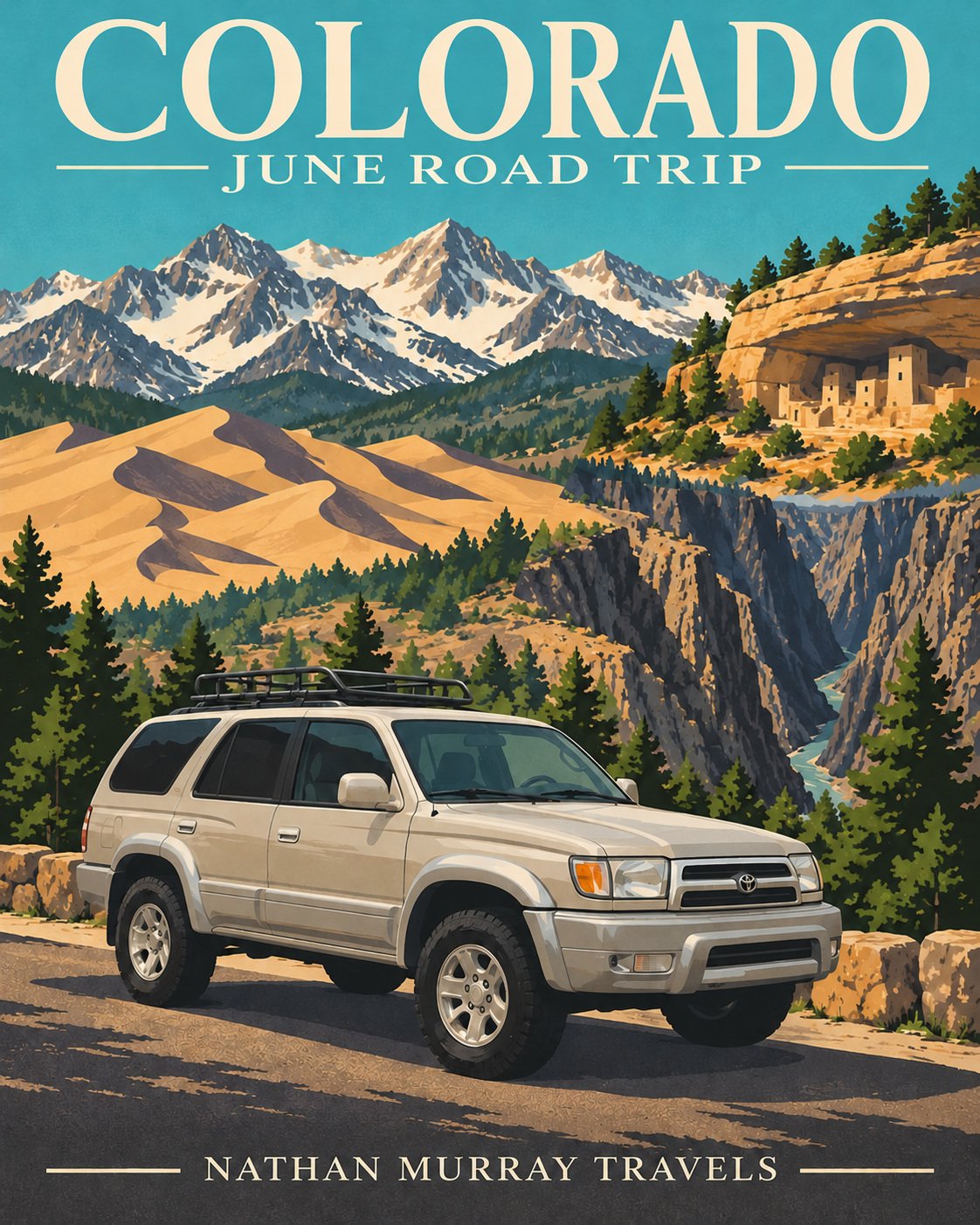 June Colorado road trip poster with Nathan’s illustrated silver 4Runner, dunes, cliff dwellings and snowcapped mountains