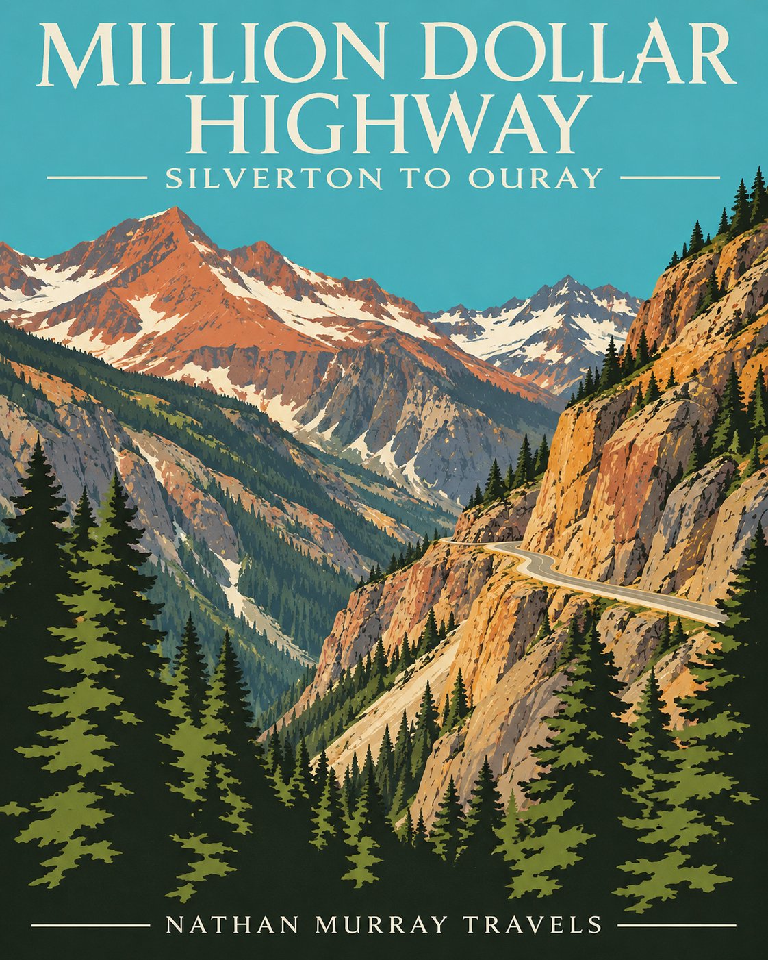 Million Dollar Highway — snowcapped peaks from Silverton to Ouray