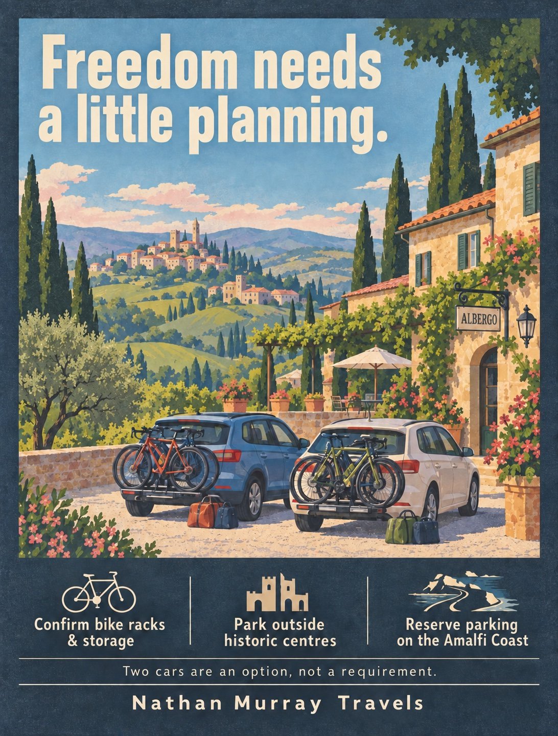 Italy logistics poster with two cars, bicycles and a Tuscan hotel