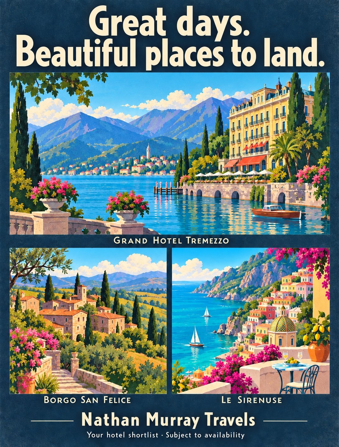 Illustrated hotel shortlist with Grand Hotel Tremezzo, Borgo San Felice and Le Sirenuse