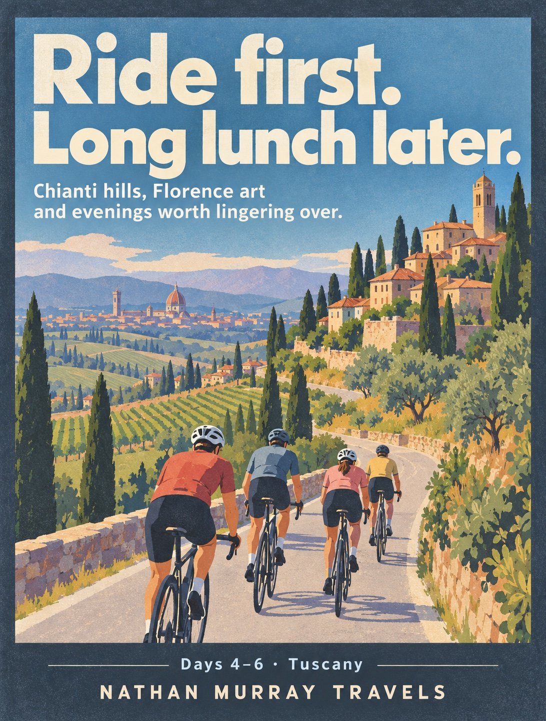Illustrated cyclists among Tuscan hills, cypress trees and a village
