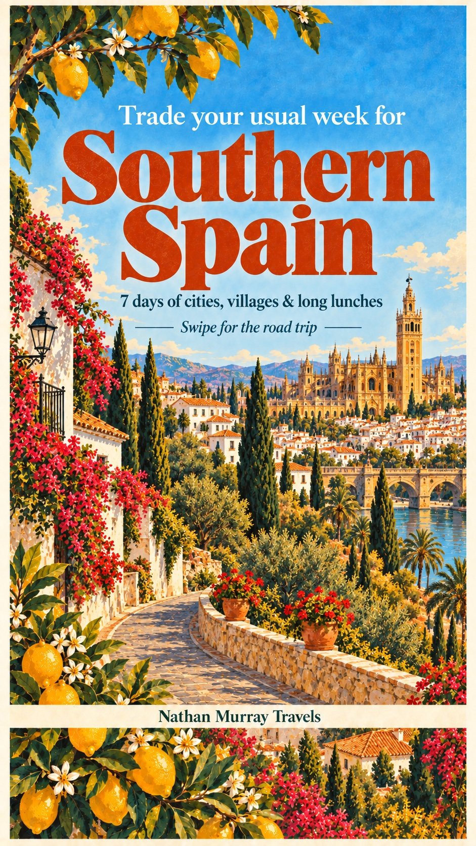 Southern Spain travel poster with lemon branches, bougainvillea and an illustrated Sevilla skyline