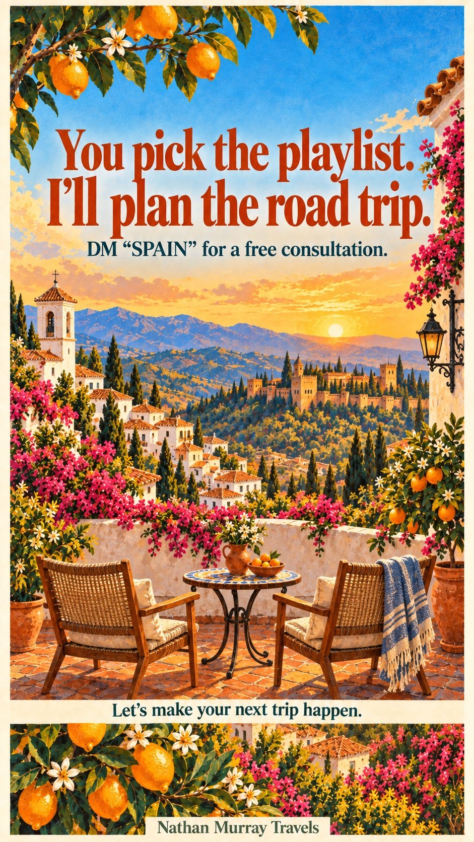 Southern Spain invitation poster with a sunset terrace overlooking Granada