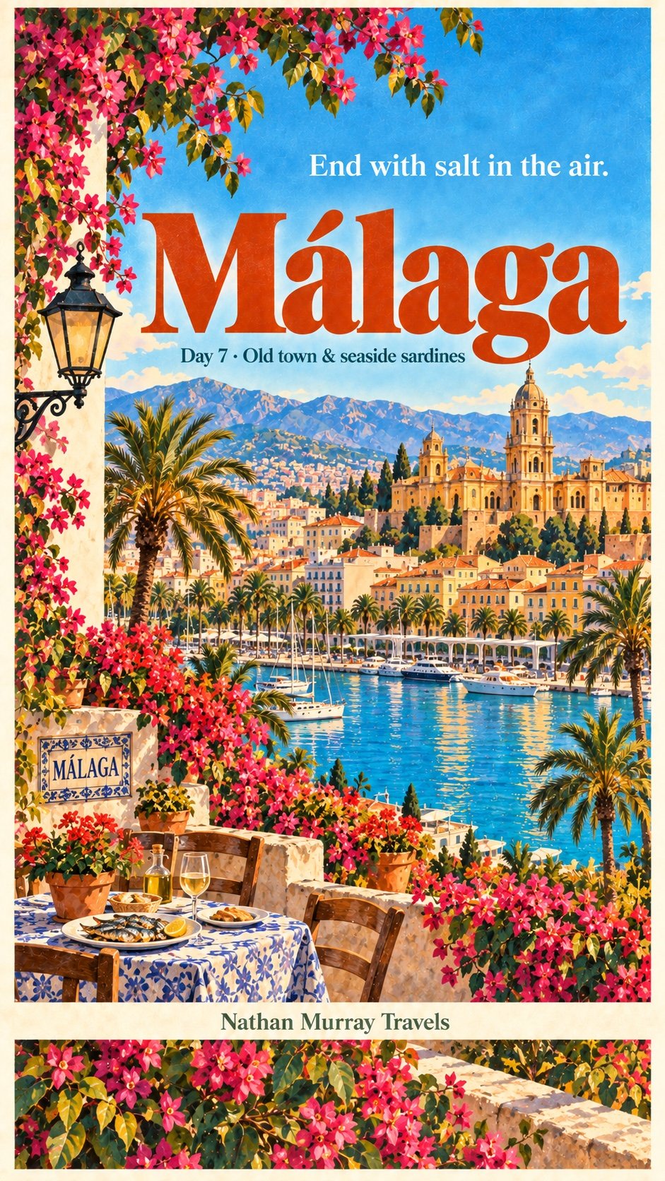 Illustrated Málaga harbor, cathedral and a table by the sea