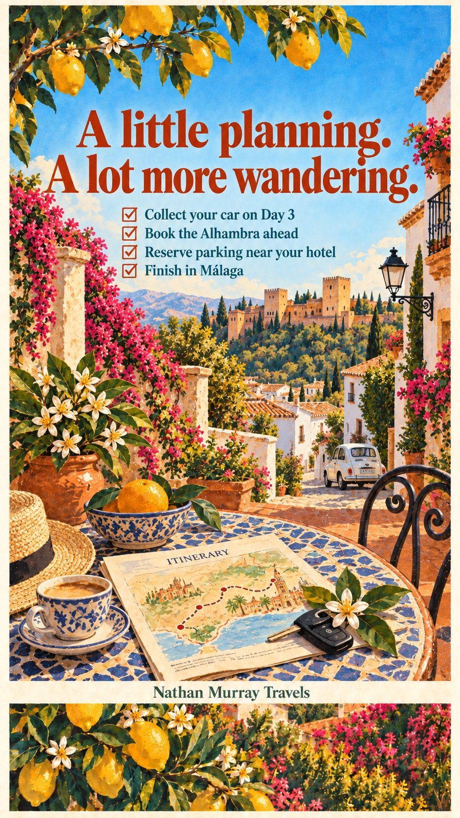 Illustrated itinerary, car keys and coffee on a tiled table in Granada