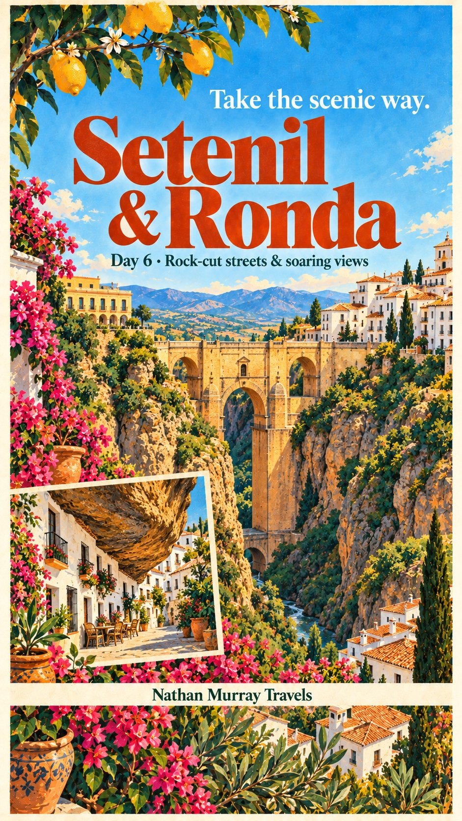 Illustrated Ronda bridge and gorge with an inset of Setenil’s rock-sheltered street