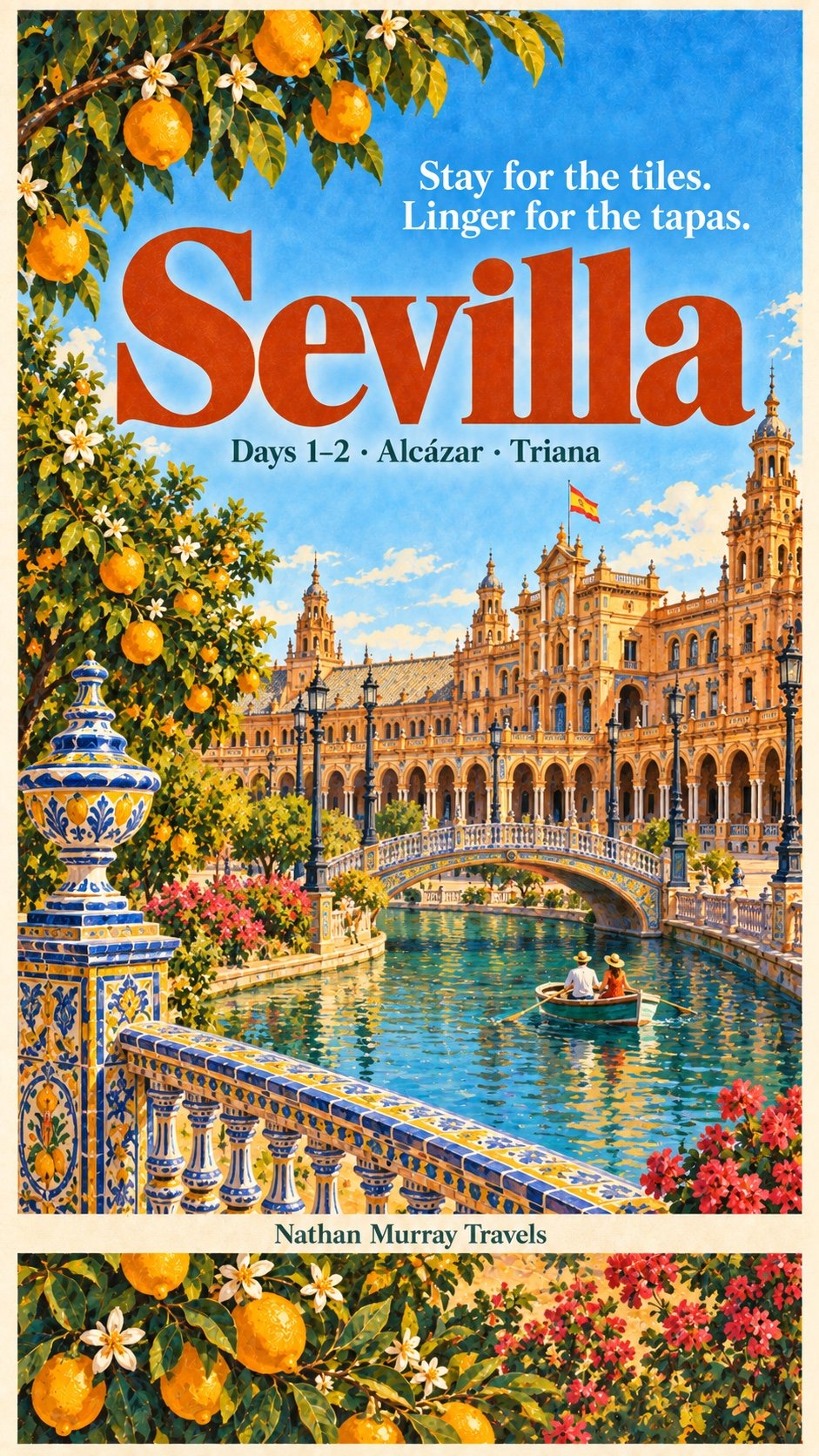 Illustrated Sevilla poster showing Plaza de España, ceramic tiles and water
