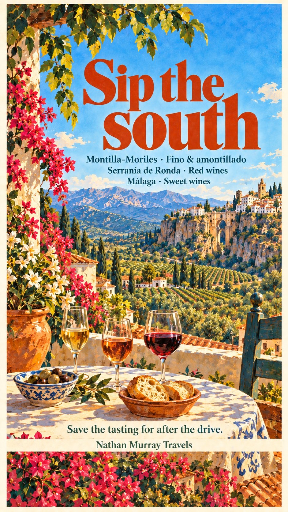 Illustrated wine glasses and vineyard landscape in the Southern Spain wine poster