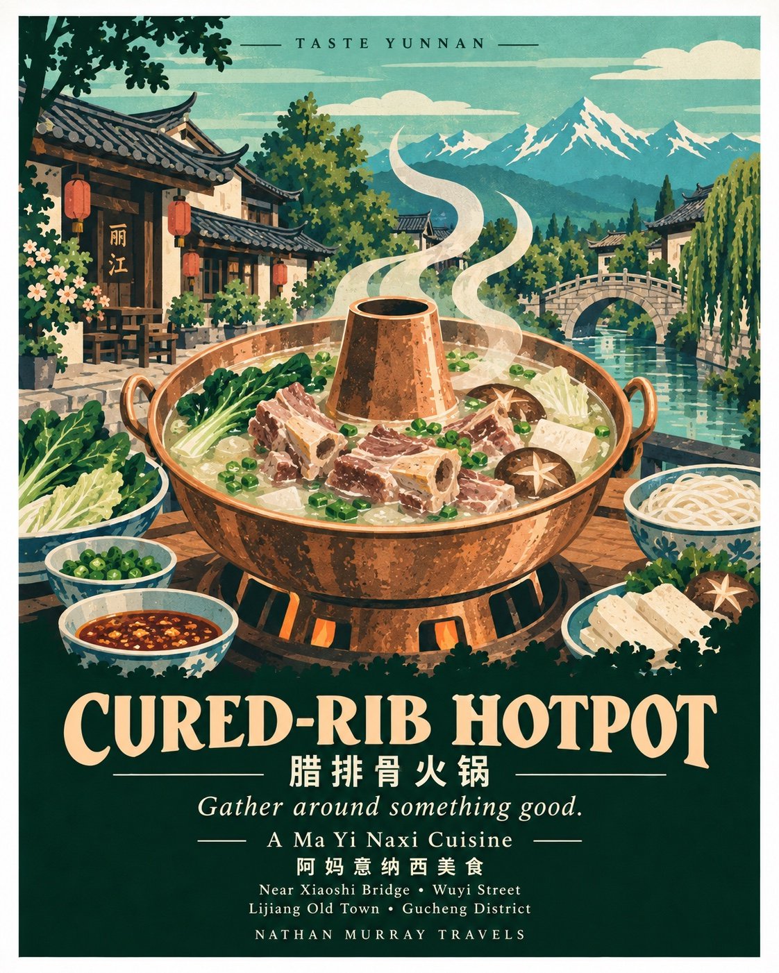 Cured-rib hotpot — a Lijiang food illustration