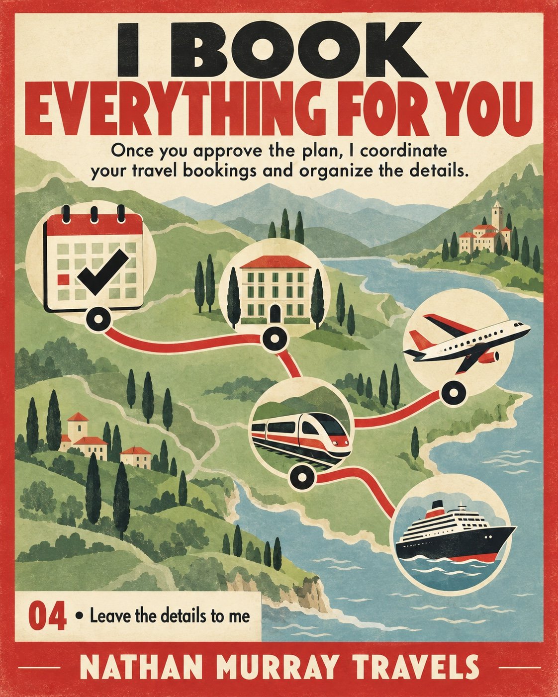 A calendar, hotel, airplane, train and ship connected by an illustrated route