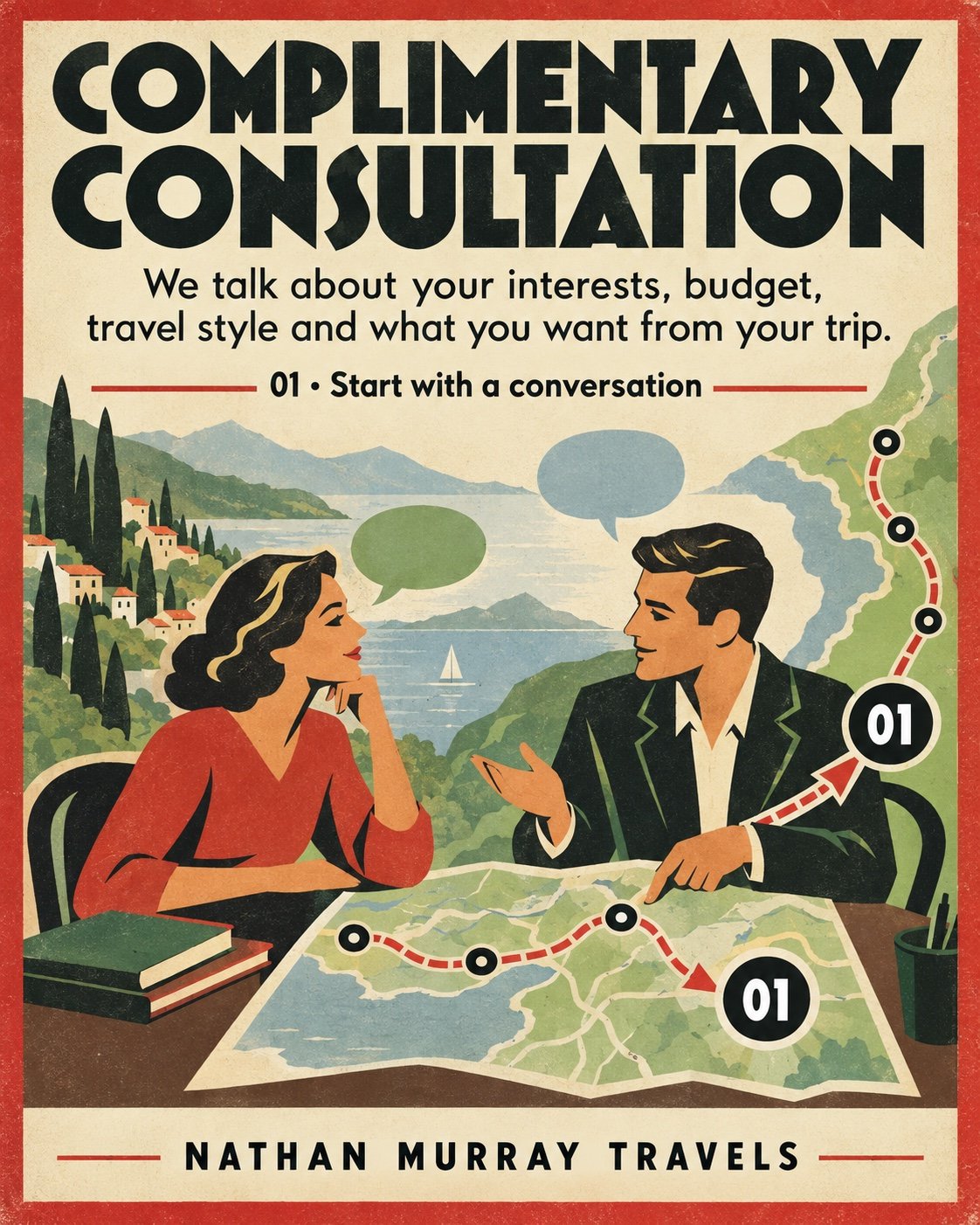 The original complimentary consultation poster, with travelers discussing a map