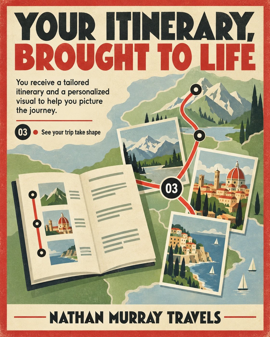 An illustrated itinerary book and travel scenes beside a red route