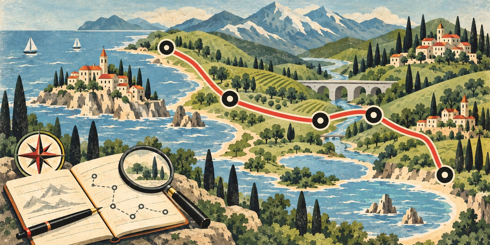 Painted coast, mountains and villages joined by a red route with circular waypoints