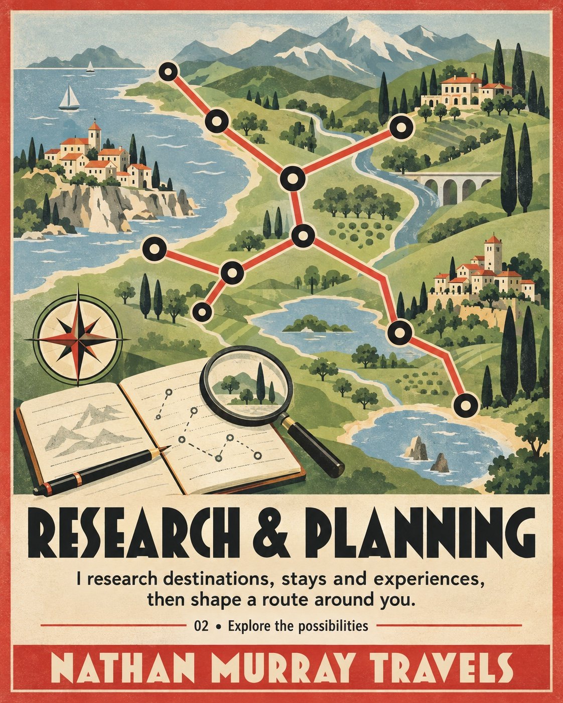 Illustrated coastal map, itinerary routes, notebook and magnifying glass
