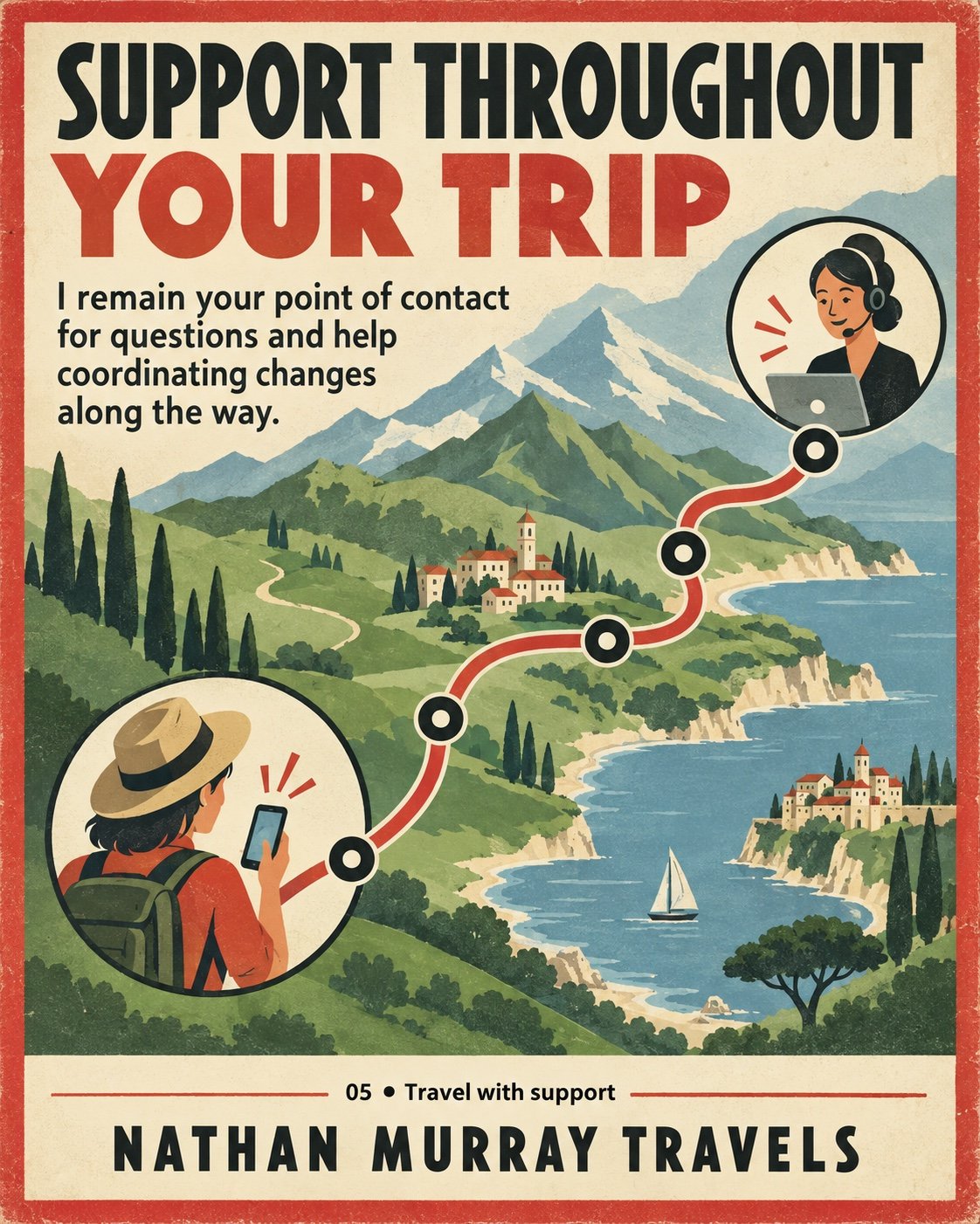 A traveler and an advisor connected across a vintage coastal route illustration